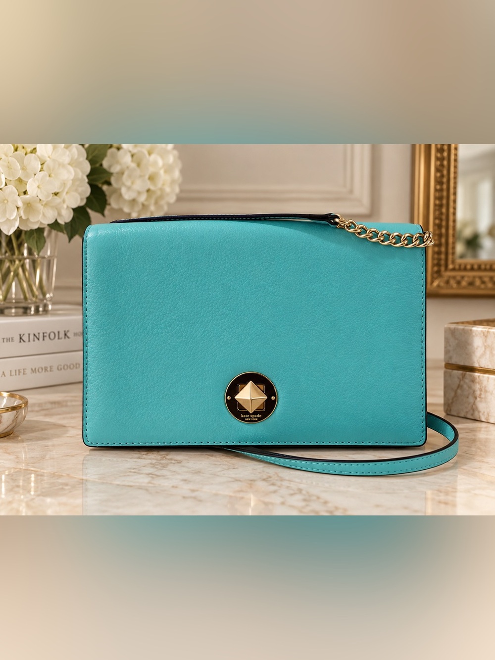 Kate Spade Grand Street Calico Leather Crossbody Bag Bright Aqua Gold Hardware